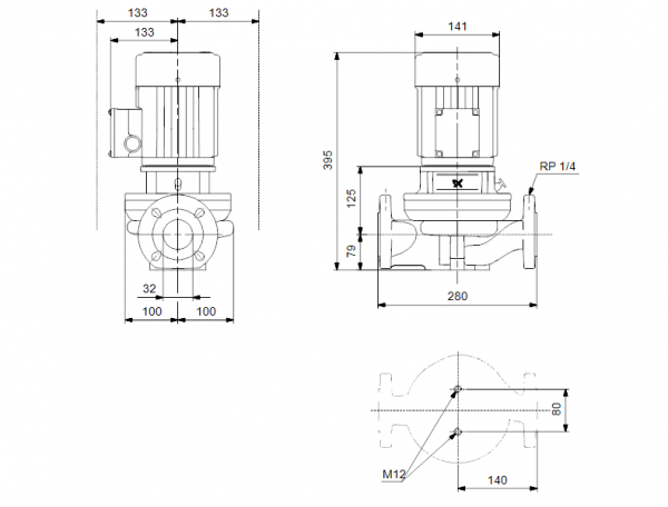 Габариты центробежного насоса Grundfos TP 32-40/4 Z BQBE