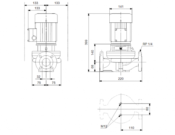 Габариты центробежного насоса Grundfos TP 32-60/2 Z BQBE