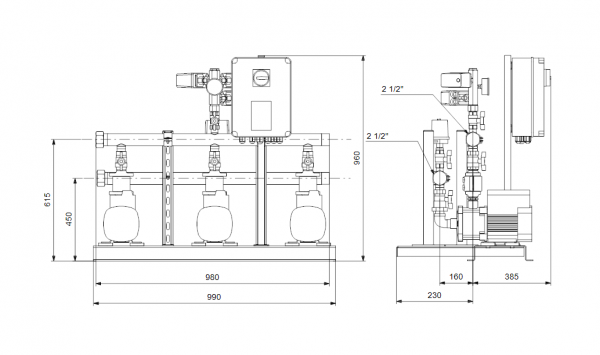 Габариты установки повышения давления Grundfos Hydro Multi-S CM 10-3