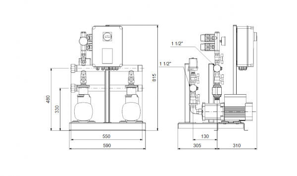 Габариты установки повышения давления Grundfos Hydro Multi-S CM 3-4