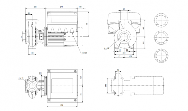Габариты консольно-моноблочного насоса Grundfos NBE 32-160/172 BAQE