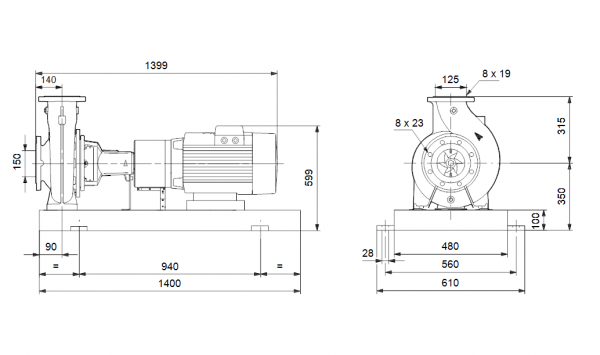 Габариты консольного насоса Grundfos NK 125-200/226 EUP BAQE