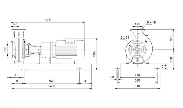Габариты консольного насоса Grundfos NK 125-250/236 BAQE