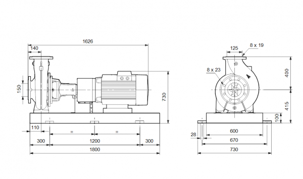 Габариты консольного насоса Grundfos NK 125-400/345 BAQE