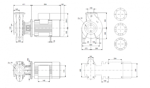Габариты консольно-моноблочного насоса Grundfos NB 100-400/380 EUP BQQE