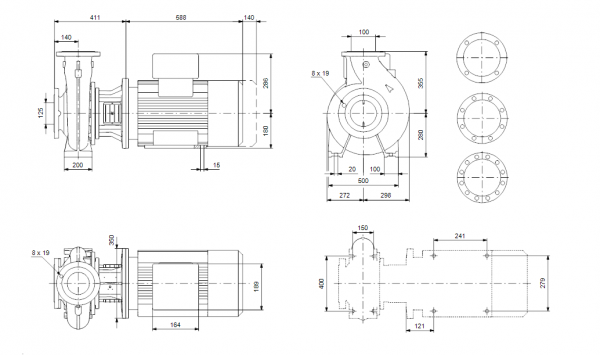Габариты консольно-моноблочного насоса Grundfos  NB 100-400/415 EUP BAQE