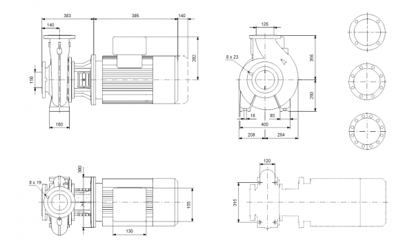 Габариты консольно-моноблочного насоса Grundfos NB 125-250/232 BAQE 