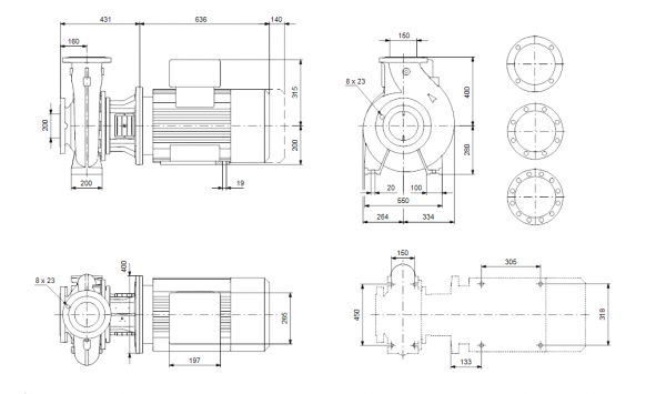 Габариты консольно-моноблочного насоса Grundfos NB 150-315/337 BAQE 