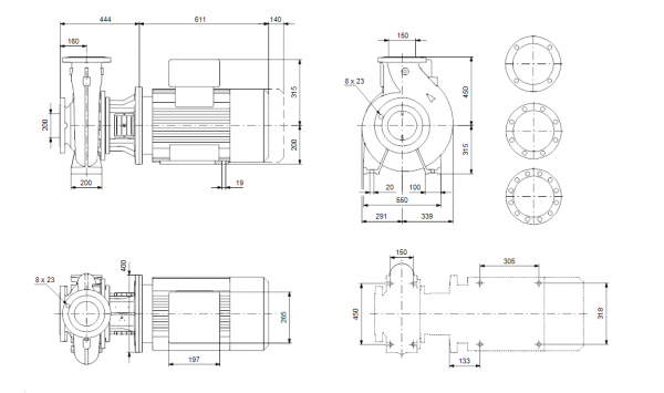 Габариты консольно-моноблочного насоса Grundfos NB 150-400/357 BAQE 