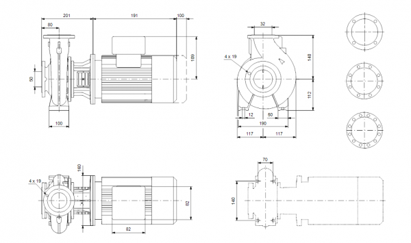 Габариты консольно-моноблочного насоса Grundfos NB 32-125.1/121 BQQE