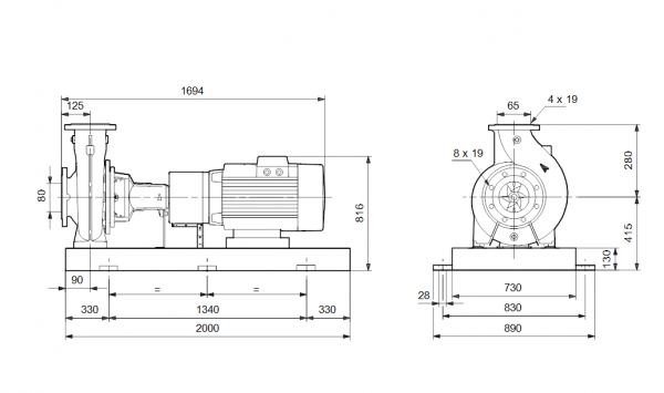 Габариты консольного насоса Grundfos NK 65-315/295 BAQZ