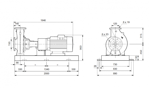 Габариты консольного насоса Grundfos NK 125-200/224 EUP BAQE