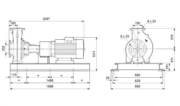 Габариты консольного насоса Grundfos NK 150-250/265 EUP BAQE