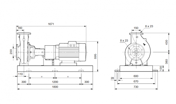 Габариты консольного насоса Grundfos NK 150-315/291 BAQE