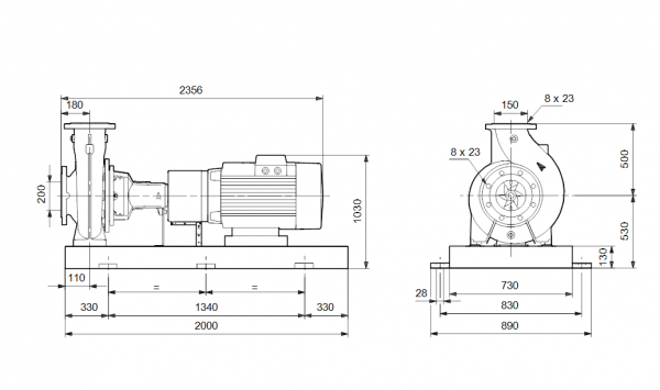 Габариты консольного насоса Grundfos NK 150-500/489 BAQE