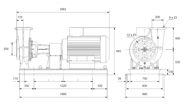Габариты консольного насоса Grundfos NK 200-400/280 BAQE