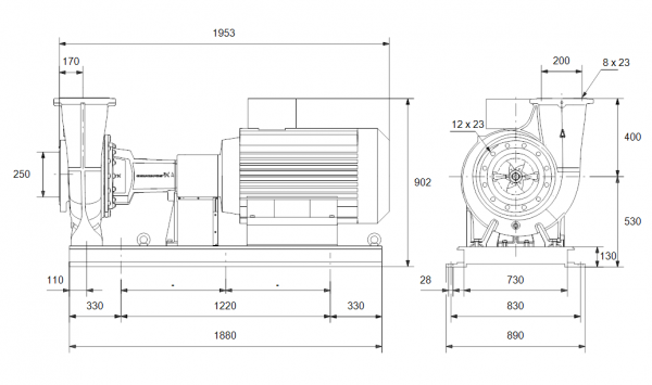 Габариты консольного насоса Grundfos NK 200-400/312 BAQE