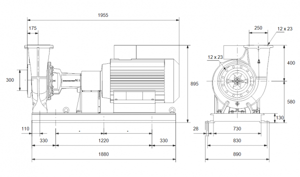 Габариты консольного насоса Grundfos NK 250-350/294 BAQE