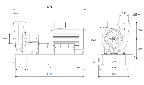 Габариты консольного насоса Grundfos NK 250-500/445 BAQE