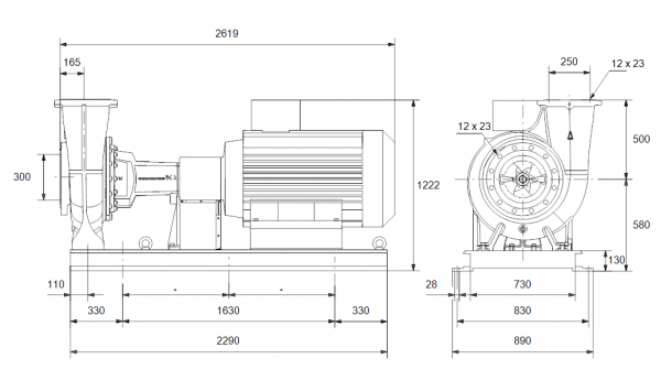 Габариты консольного насоса Grundfos NK 250-500/525 BAQE
