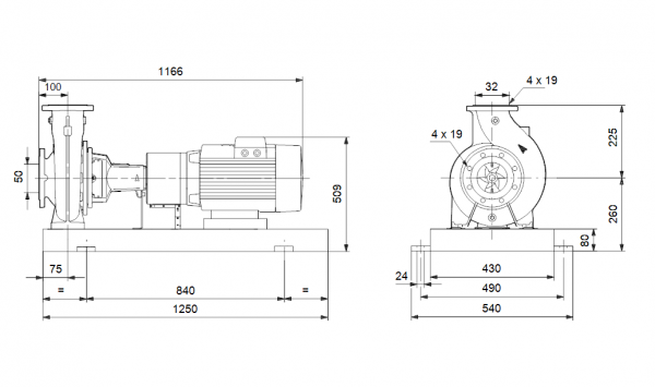 Габариты консольного насоса Grundfos NK 32-250/262 BAQE