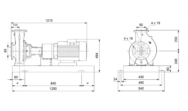 Габариты консольного насоса Grundfos NK 50-200/210 BAQE