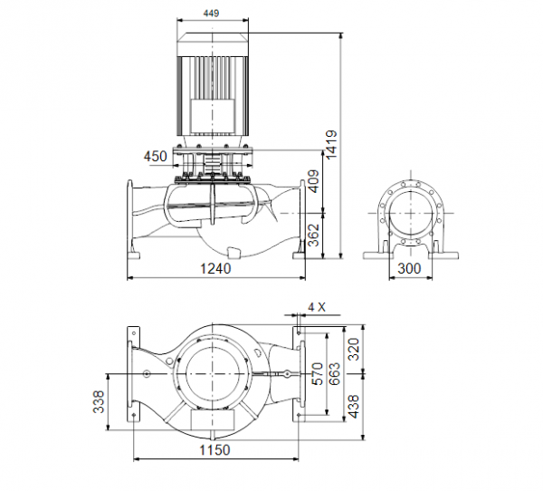 Габариты центробежного насоса Grundfos TP 300-220/4 BAQE