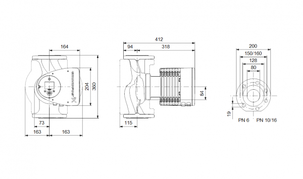 Габариты циркуляционного насоса Grundfos MAGNA3 80-120 F