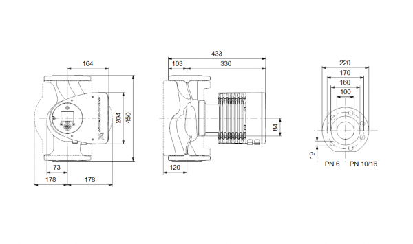 Габариты циркуляционного насоса Grundfos MAGNA3 100-40 F