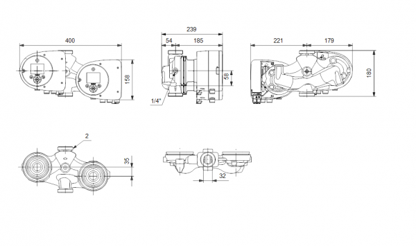 Габариты сдвоенного циркуляционного насоса Grundfos MAGNA3 D 32-40