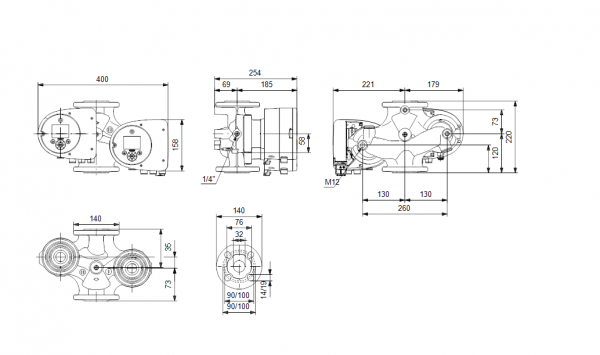 Габариты сдвоенного циркуляционного насоса Grundfos MAGNA3 D 32-100 F
