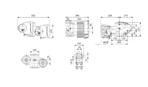 Габариты сдвоенного циркуляционного насоса Grundfos MAGNA3 D 32-120 F