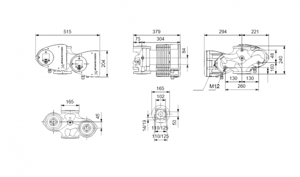 Габариты сдвоенного циркуляционного насоса Grundfos MAGNA3 D 50-40 F
