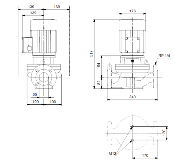 Габариты центробежного насоса Grundfos TP 65-120/2 BQBE