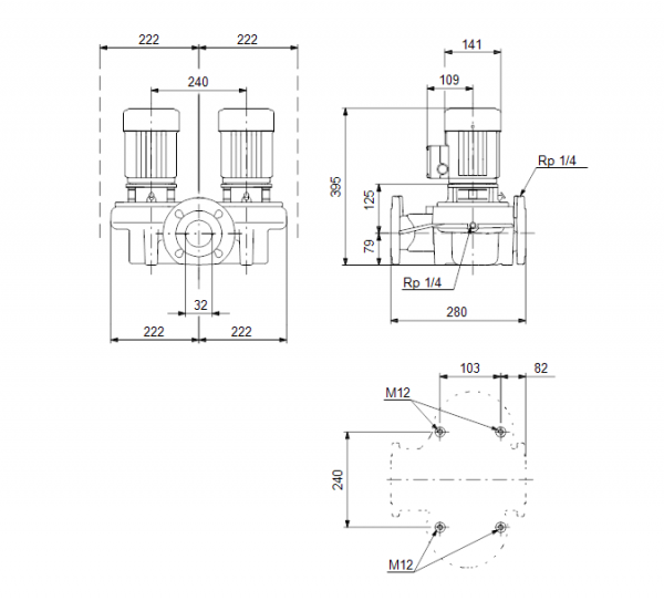 Габариты сдвоенного центробежного насоса Grundfos TPD 32-150/2 BQQE