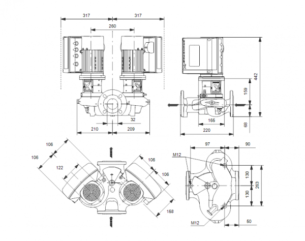 Габариты центробежного сдвоенного насоса Grundfos TPE3 D 32-120 BQBE