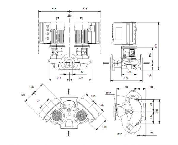 Габариты центробежного сдвоенного насоса Grundfos TPE3 D 40-150 BQQE