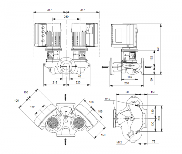 Габариты центробежного сдвоенного насоса Grundfos TPE3 D 40-180 BQQE