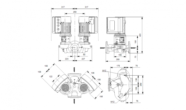 Габариты центробежного сдвоенного насоса Grundfos TPE3 D 50-180 BQBE