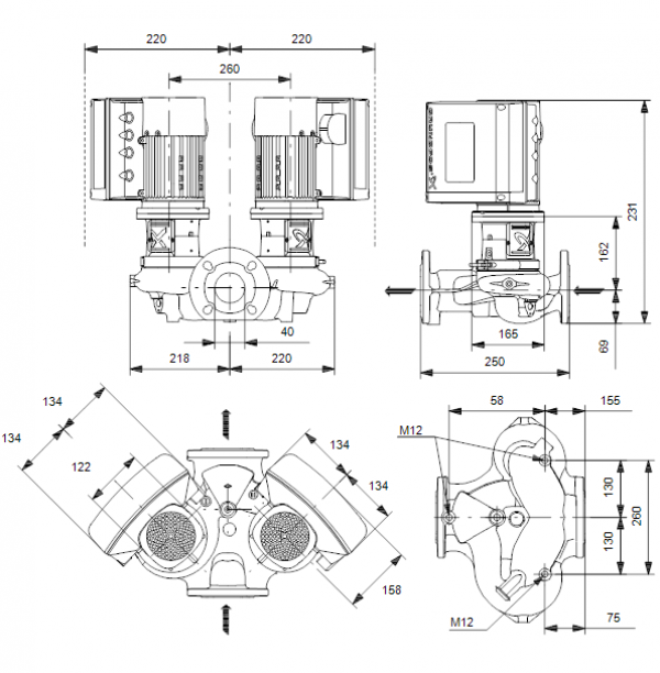 Габариты центробежного сдвоенного насоса Grundfos TPE3 D 40-180 BQBE