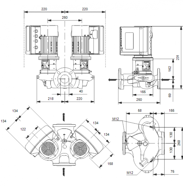 Габариты центробежного сдвоенного насоса Grundfos TPE3 D 40-200 BQBE