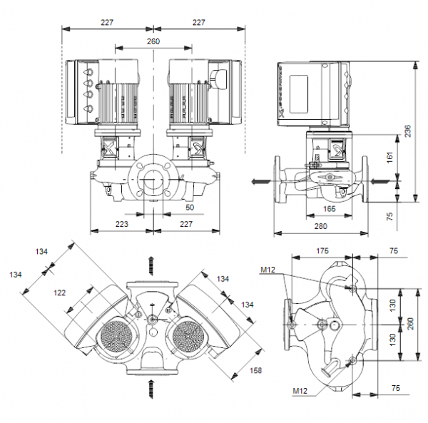 Габариты центробежного сдвоенного насоса Grundfos TPE3 D 50-150 BQQE
