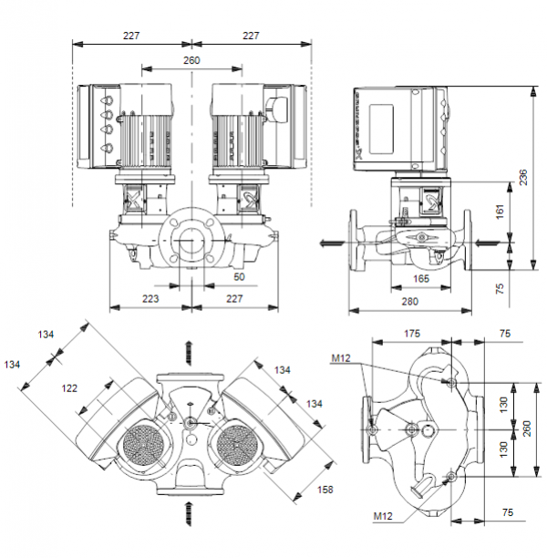 Габариты центробежного сдвоенного насоса Grundfos TPE3 D 50-180 BQQE