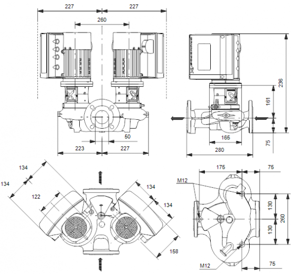 Габариты центробежного сдвоенного насоса Grundfos TPE3 D 50-240 BQBE