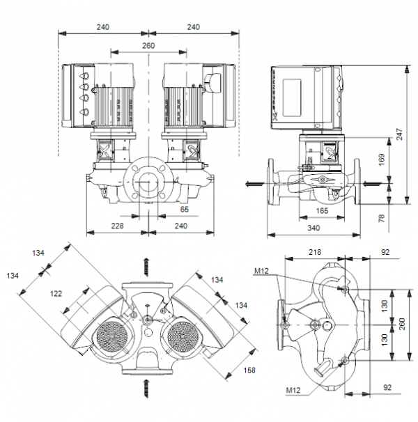 Габариты центробежного сдвоенного насоса Grundfos TPE3 D 65-60 BQBE