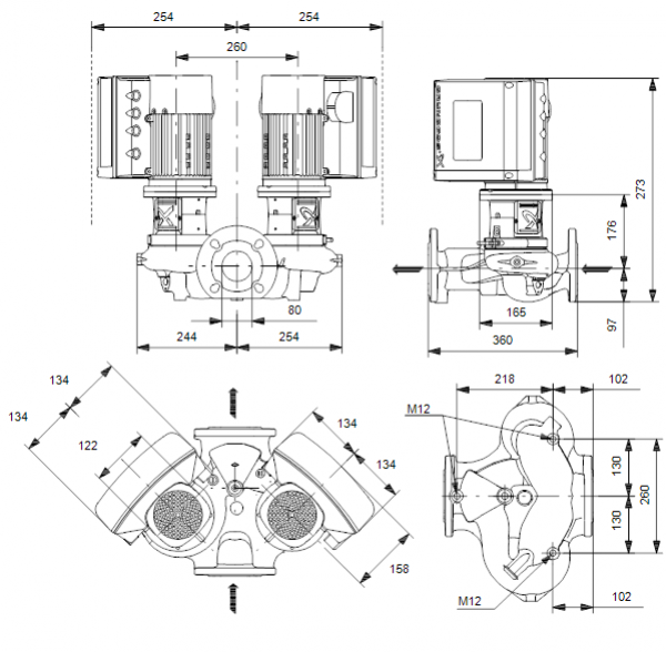 Габариты центробежного сдвоенного насоса Grundfos TPE3 D 80-40 BQBE