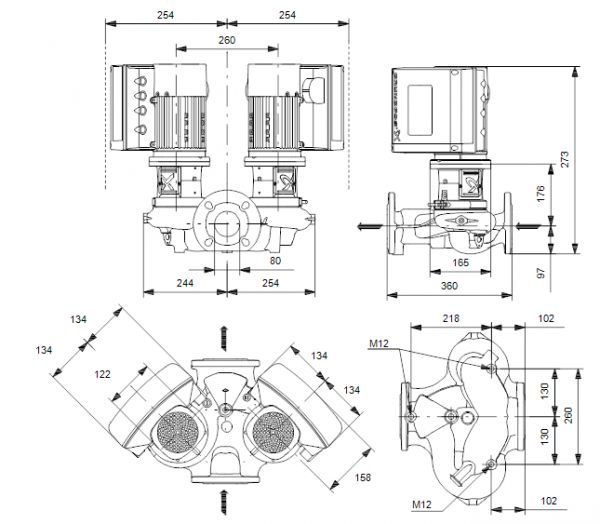 Габариты центробежного сдвоенного насоса Grundfos TPE3 D 80-120 BQQE