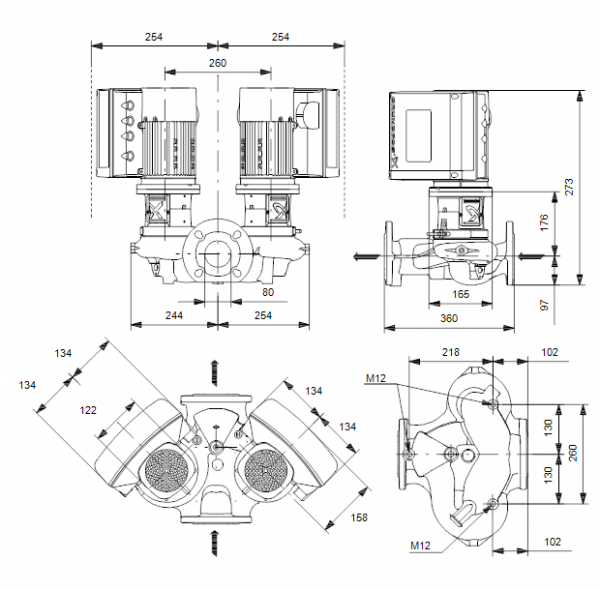  Габариты центробежного сдвоенного насоса Grundfos TPE3 D 80-180 BQBE