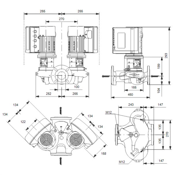 Габариты центробежного сдвоенного насоса Grundfos TPE3 D 100-120 BQBE