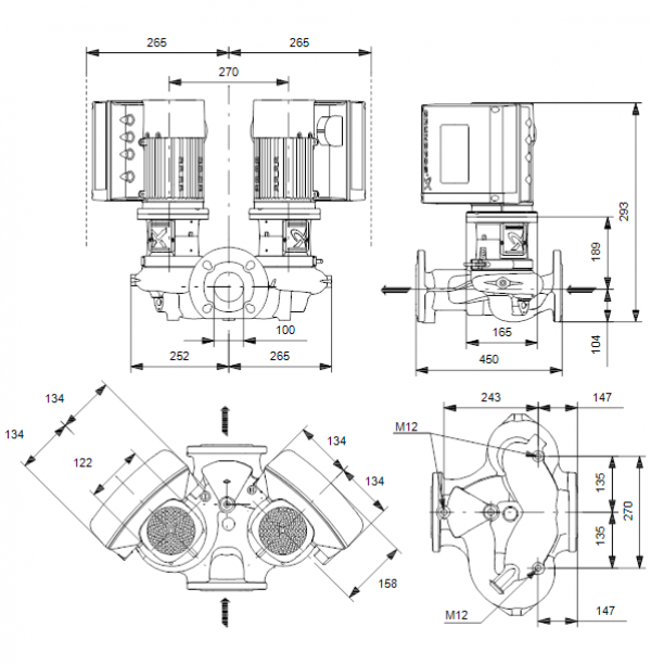 Габариты центробежного сдвоенного насоса Grundfos TPE3 D 100-150 BQBE